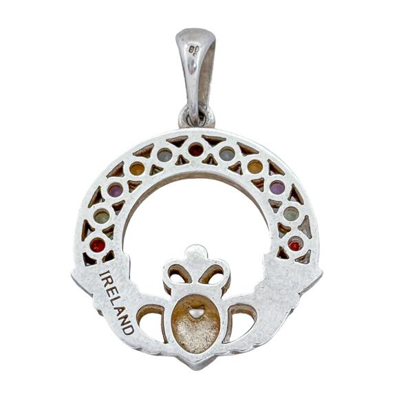Vintage Irish Claddagh Pendant | Sterling Silver 925 14K Multi Colored Gemstones - Picture 3 of 13
